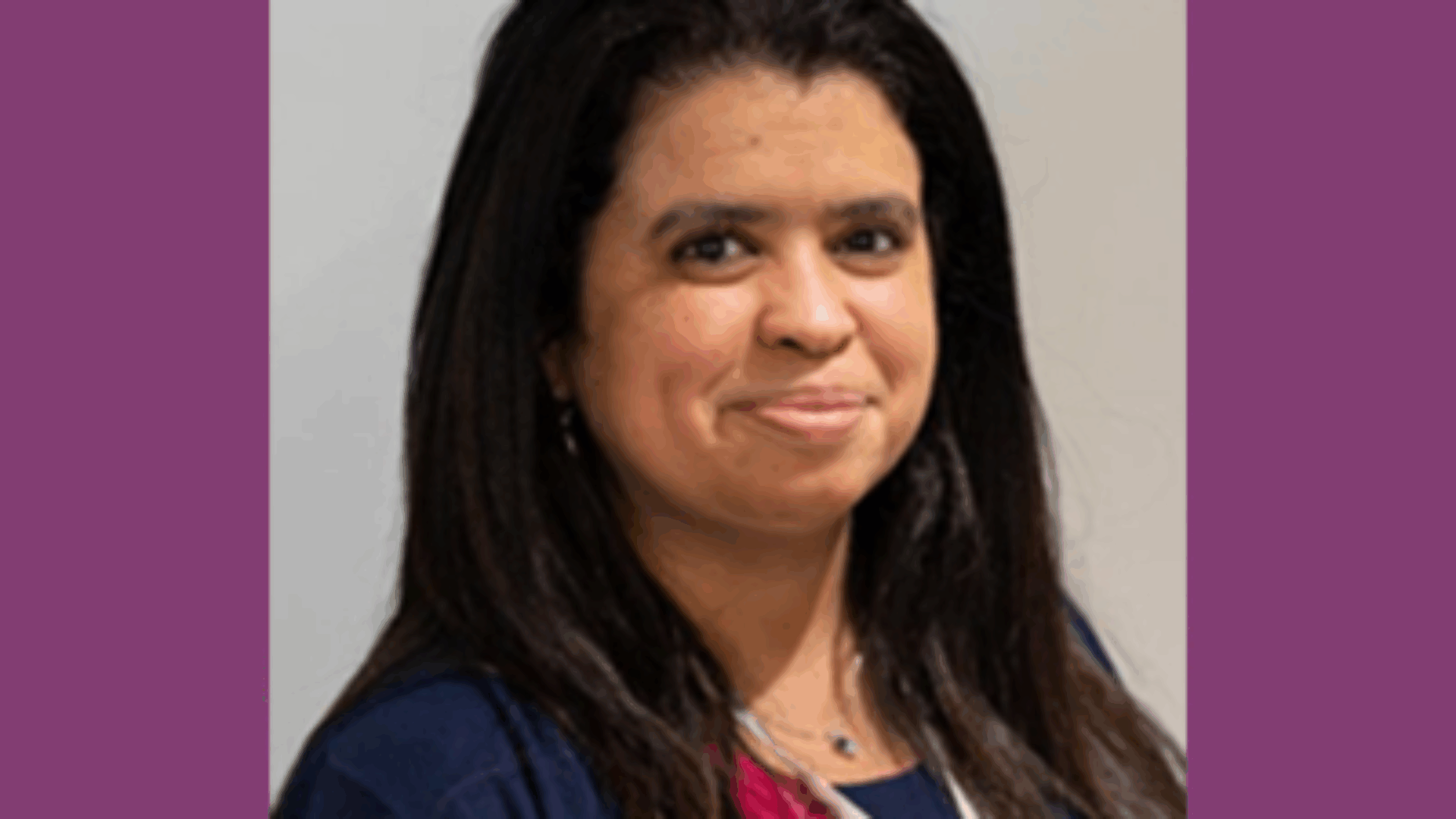 Headshot of Jackie Collazo with purple border on two sides.