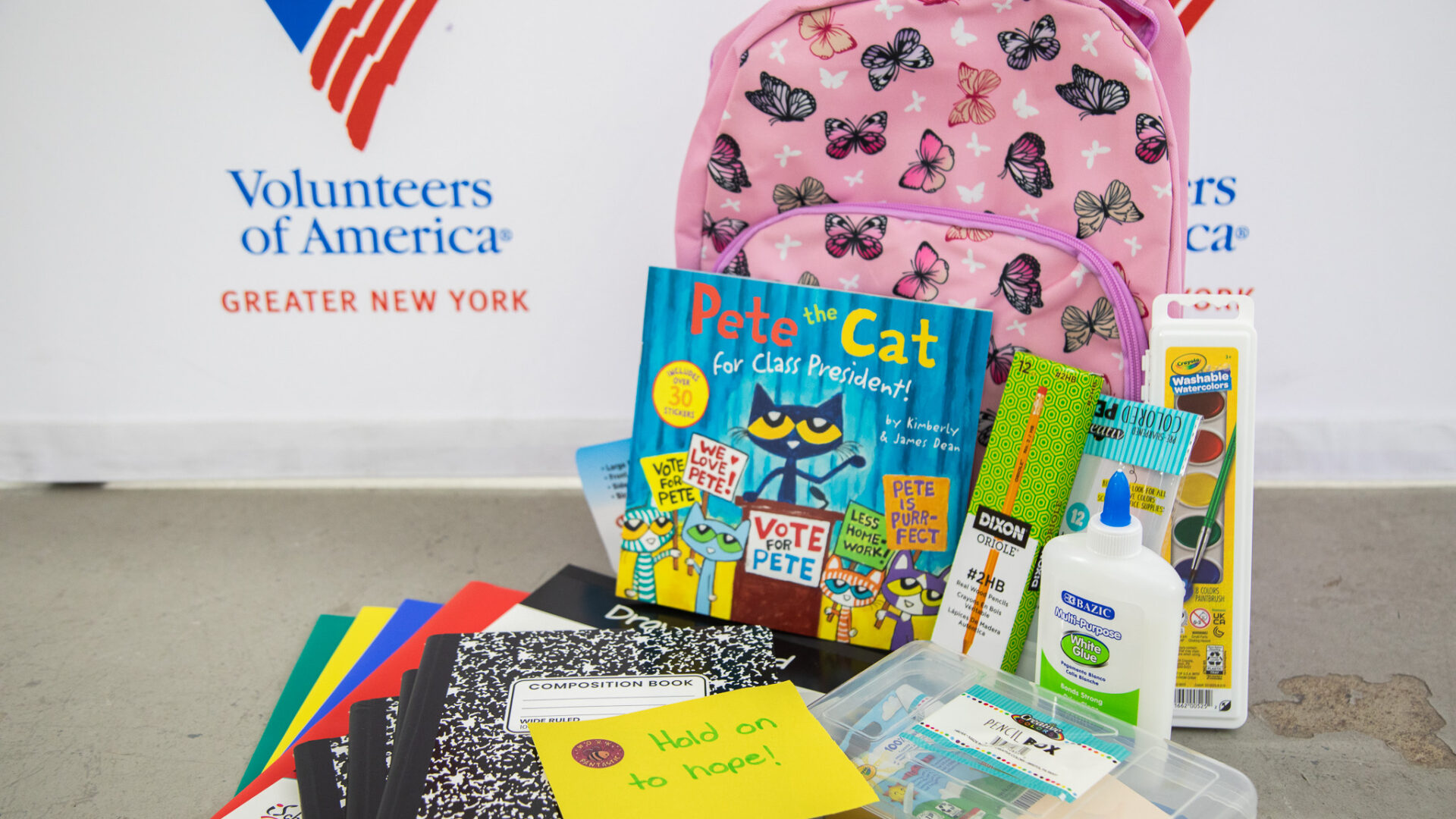 An example of a backpack filled with school supplies for children experiencing homelessness in NYC.