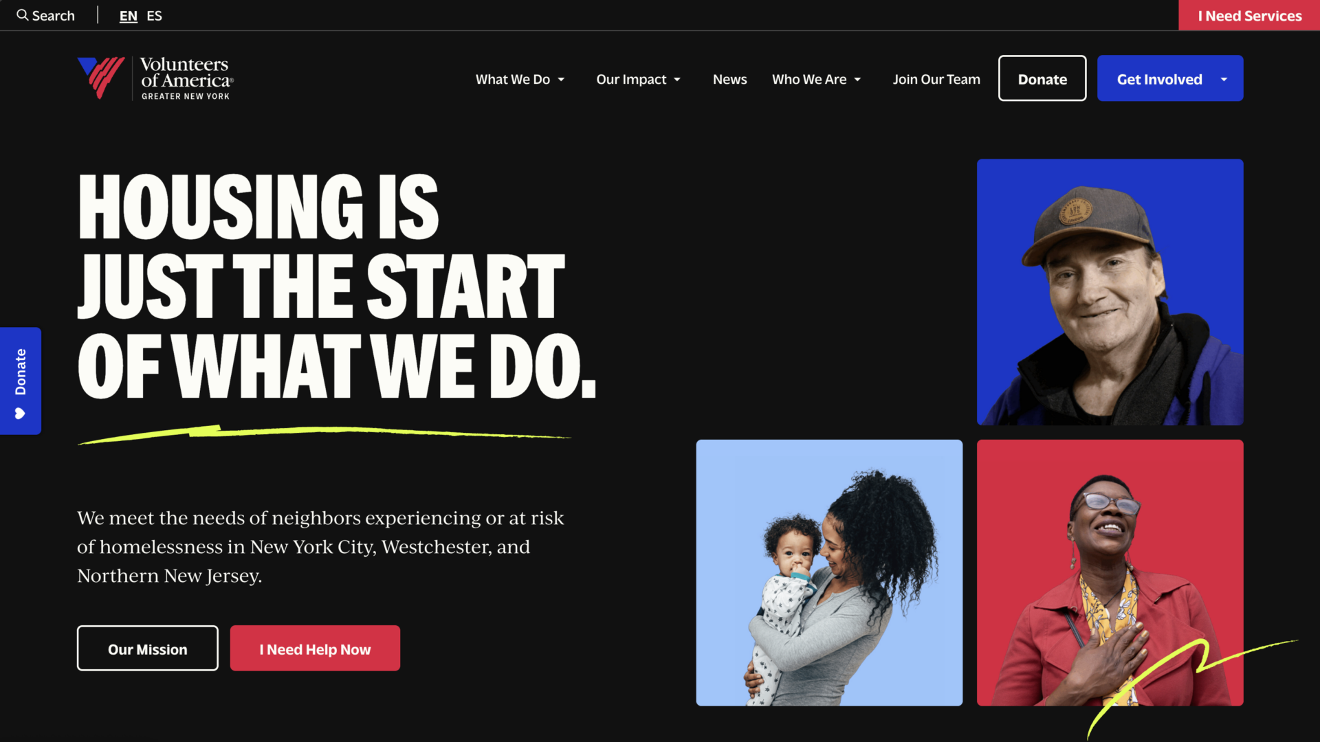 A screenshot of the Volunteers of America-Greater New York homepage.