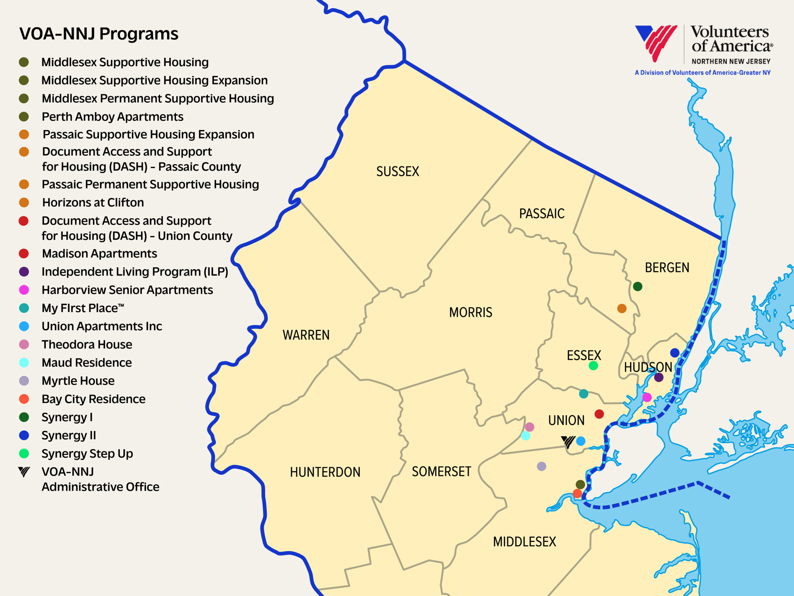Map of Northern New Jersey identifying the counties VOA-NNJ serves: Sussex, Passaic, Bergen, Warren, Morris, Essex, Hudson, Hunterdon, Somerset, Union and Middlesex.