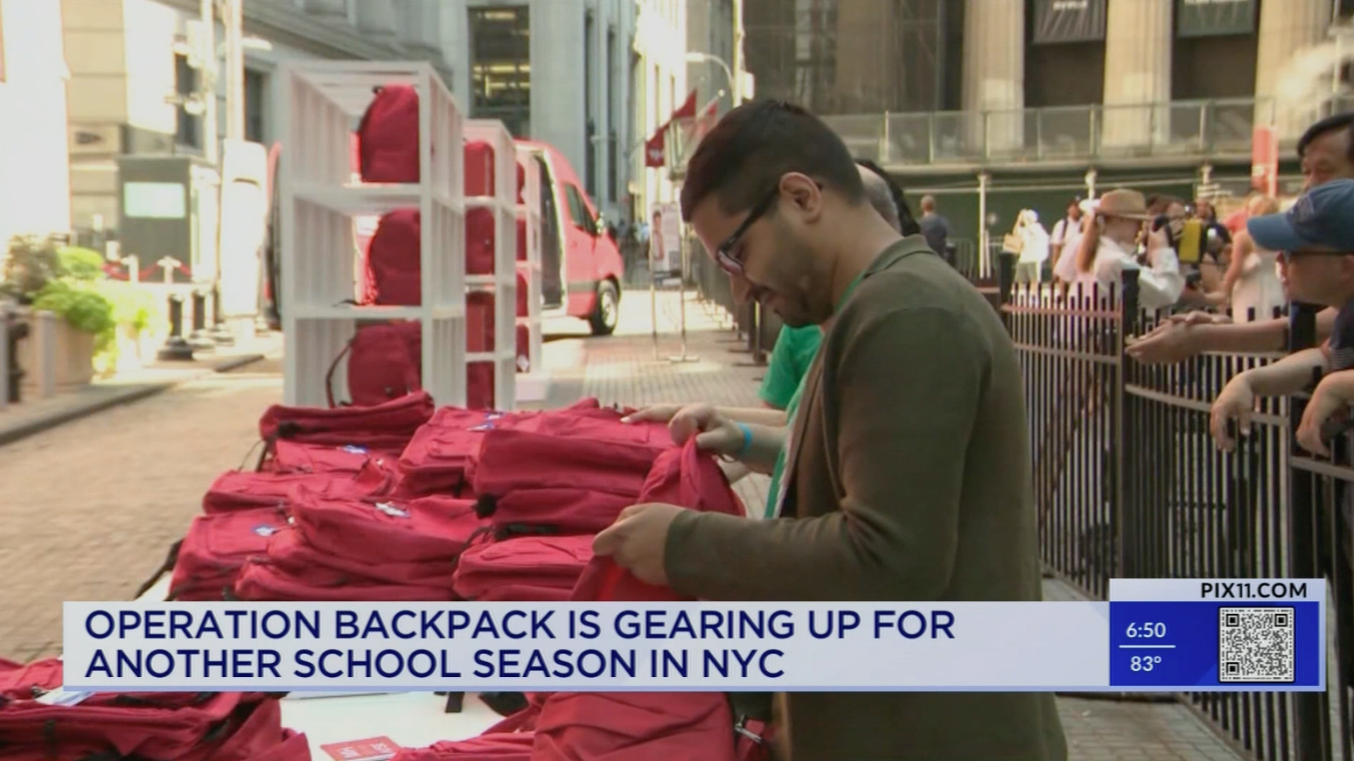 A still of a PIX11 broadcast covering Operation Backpack at New York Stock Exchange.