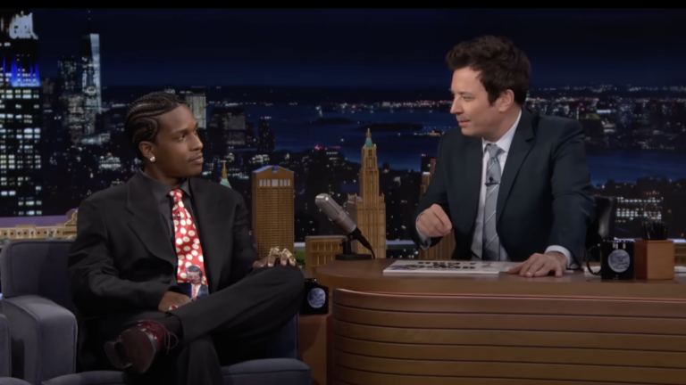 A$AP Rocky being interviewed by Jimmy Fallon on The Tonight Show.