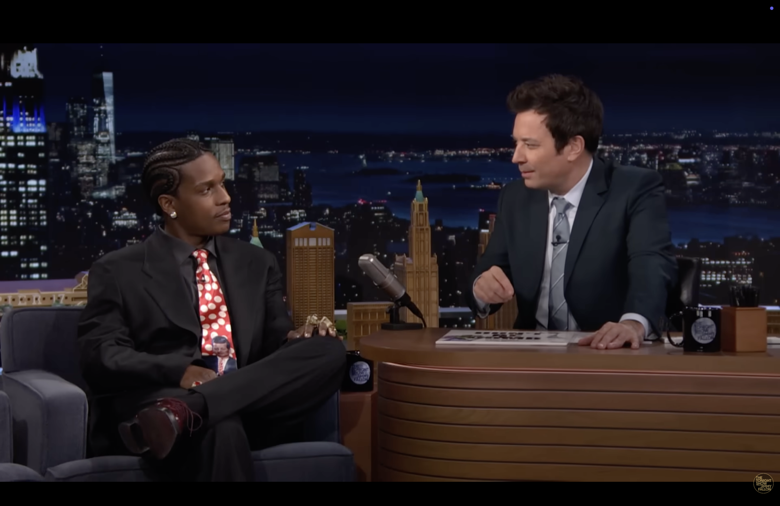 A$AP Rocky being interviewed by Jimmy Fallon on The Tonight Show.