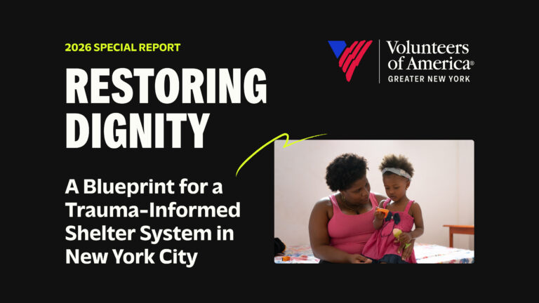 Graphic with the VOA-GNY logo and a photo of a Black mom and young daughter sitting on a bed.
