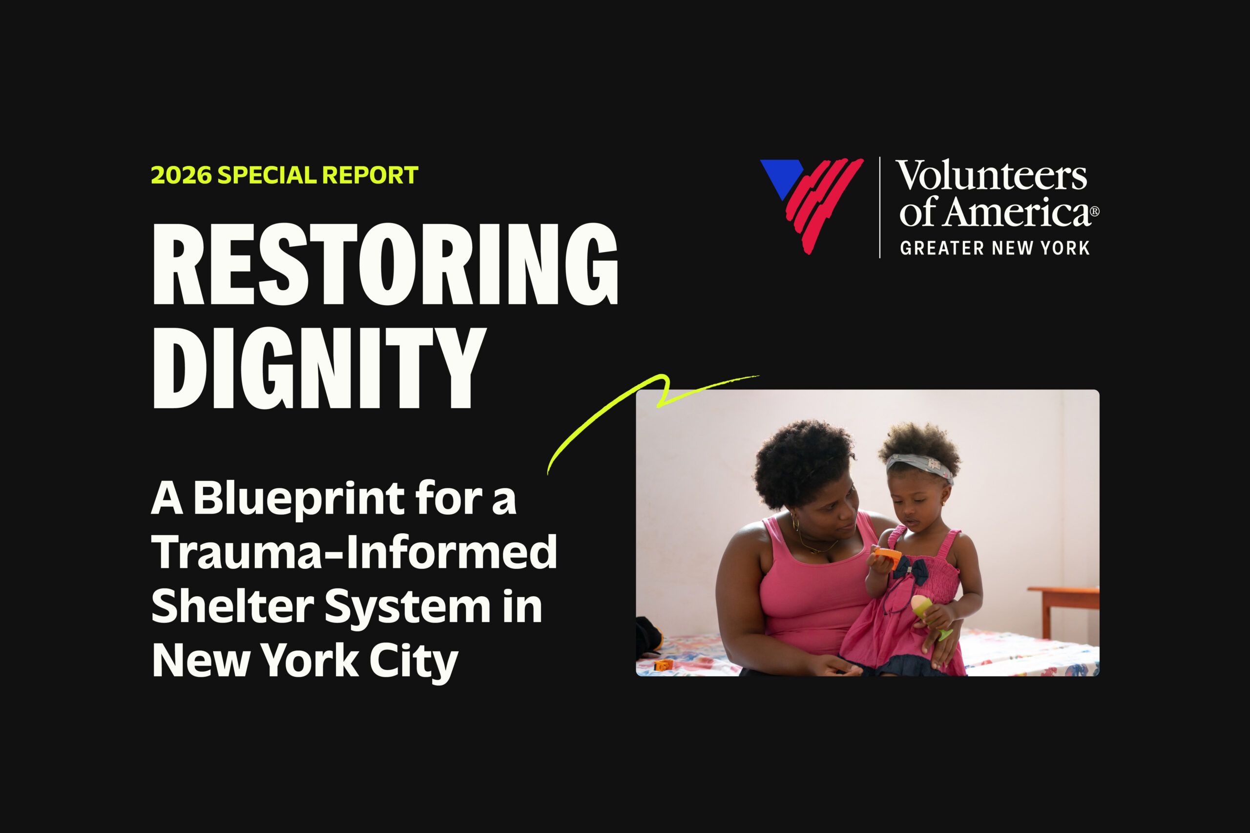 Graphic with the VOA-GNY logo and a photo of a Black mom and young daughter sitting on a bed.